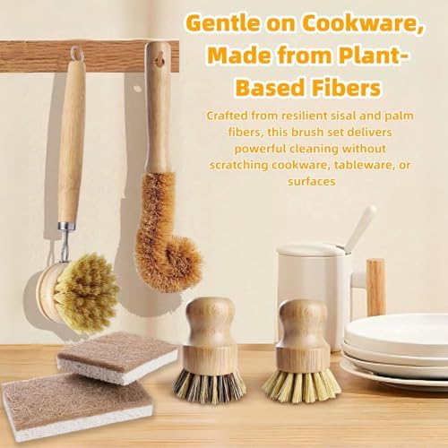 Natural Bamboo Dish Brush Set - 6 PCS Kitchen Cleaning Brush Kit with 4 Utensil Brushes and 2 Coconut Fiber Dish Sponges, for Cleaning Pots, Pans, Dishes, Bottles, Vegetables, and Fruits - Image 5