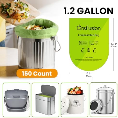 GreFusion Compostable Trash Bags for Kitchen Compost Bin 1.2 Gallon,150 Count,Compost Bags Small for Food Scrap Waste Bags for Countertop Bin Certified by BPI,ASTM D6400 and OK Compost - Image 2