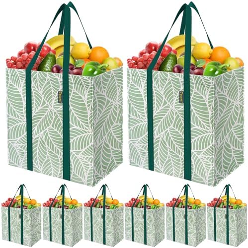 BALEINE 8 PK Grocery Bags Reusable Shopping Bags with Reinforced Bottom, Heavy Duty Foldable Tote Bags (Antique Folidage) by BALEINE