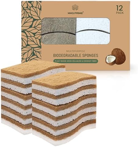 Natural Kitchen Sponge –12-Pack Biodegradable Sponges for Dishes –Compostable Dish Washing Scrubbers – Eco Friendly Non-Scratch Cellulose & Coconut Husk Scrubber Sponges for Cleaning by MMGPrime