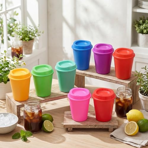 Honeydak 45 Pack 12 oz Reusable Coffee Cups with Lids Portable Tea Cups Reusable Hot Coffee Mugs Tumblers Bulk Plastic Tumblers Travel Drinks Mugs for Hot and Cold Drink (Light Colors,Classic) - Image 2
