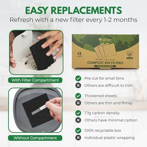 AIRNEX Charcoal Filters for Compost Bucket 3.5 in Square - Pack of 12 Odor Blocking Compost Filters for Countertop Bin, Trash Cans & Litter Boxes - Universal Replacement Compost Bin Filter Charcoal - Image 5