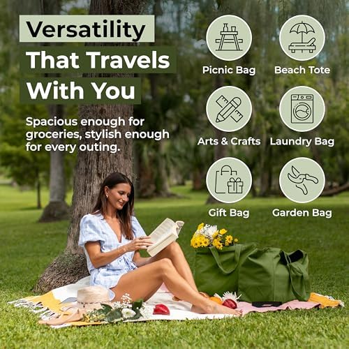 VeraMia Canvas Grocery Bag 3pc XL Set with Real Pockets, Long Shoulder Strap and Short Handle. Heavy Duty, Foldable, Washable - Image 5