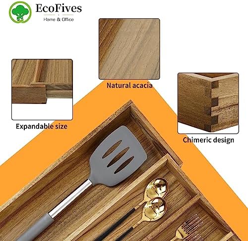 EcoFives Luxury Acacia Silverware Organizer -Kitchen Drawer Organizer - Utensil Holder and Cutlery Organizer with Grooved Drawer Dividers for Flatware and Kitchen Utensils (5 Slot) - Image 5