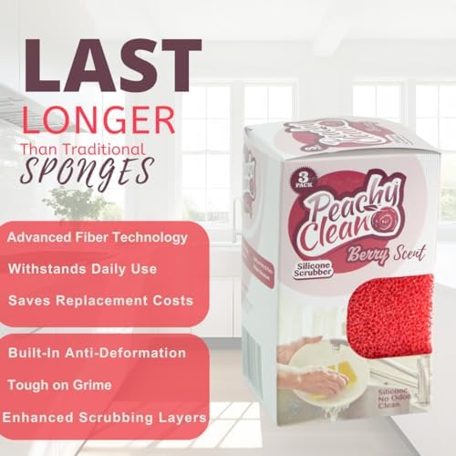 Peachy Clean Silicone Dish Sponge Scrubbers, Fresh Berry Scent, Non-Scratch, Odor-Resistant, Durable Dish Sponges for Kitchen 3pk - Image 5