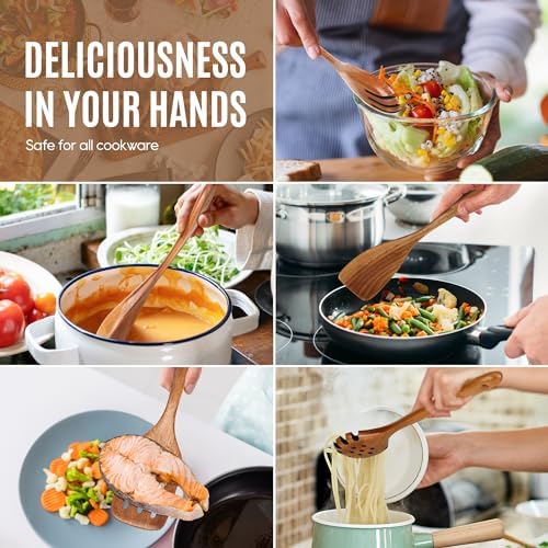 5 Pcs Natural Teak Wooden Spoons for Cooking, Non Toxic Wooden Utensil Set - Image 6