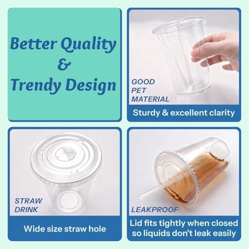 Homestockplus 15 oz Clear PET Plastic Cups with Lids and Straws - 100 Pack Leak-Proof Disposable Plastic Coffee Cups Iced Coffee Cups for Smoothies, Bubble Tea & To-Go Cold Drinks - Image 4