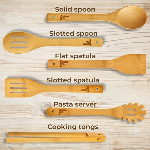 Bamboo Kitchen Utensil Set, 7-Pieces Natural Cooking Utensils for Nonstick Cookware, Eco-Friendly Wooden Spoons and Spatulas for Cooking - Image 2