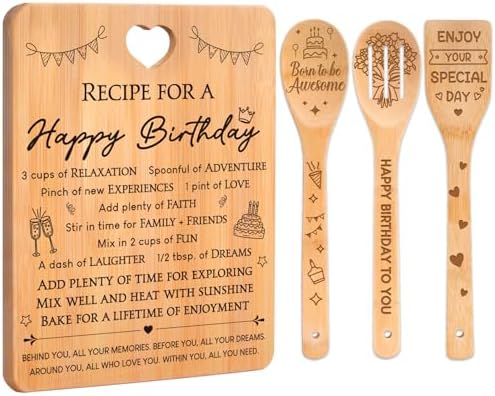 Birthday Gifts for Women - "Recipe for a Special Happy Birthday" Birthday Gifts for Men Cutting Board Set, Bamboo-Made Engraved Utensil Set Gifts for Women Birthday. by Apjielop-GiftsMaster
