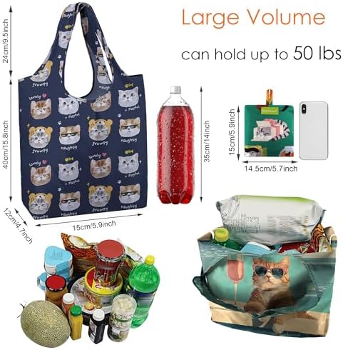 BeeGreen Cat Reusable Shopping Bags Cute Grocery Bag 6 Pack, Christmas Gift Bags Heavy-Duty Foldable Shopping Totes for Supermarket, Work & Travel, Large Washable Polyester Tote Bag with Handles - Image 2