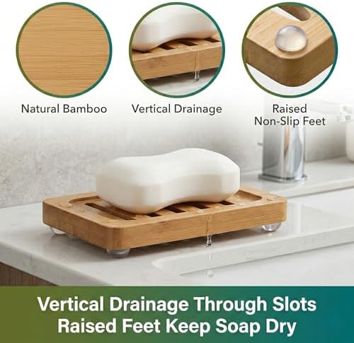 Bamboo Soap Dish with Drainage, 2 Pack Slotted Self Draining Bar Soap Holder, Acacia Finish for Shower, Bathroom Sink & Kitchen Countertop - Image 4