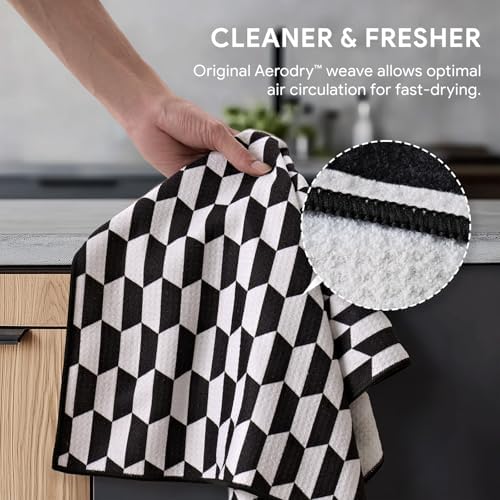 RECYCO Waffle Kitchen Towel Set of 2 - Quick Dry Microfiber Sustainable Dish Towels - Ultra Absorbent Reusable Cleaning Tea Towels - Lightweight Hand Towels,16”x 28”, Black & White Mirage - Image 4