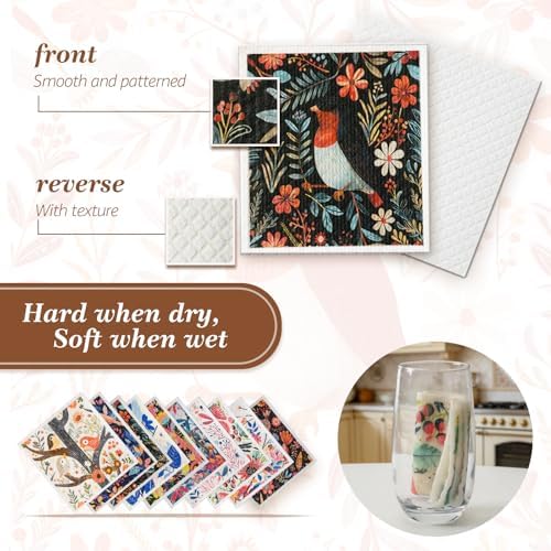 SEIBER Swedish Dishcloths for Kitchen ﻿Reusable,10 Packs,Bird Flower - Image 4