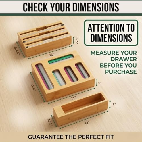 9 in 1 Bamboo Storage Bag Organizer for Kitchen Drawer, Bamboo Kitchen Drawer Organizer with Cutter, Foil and Plastic Wrap Dispenser, Ideal Storage for Gallon, Quart, Sandwich and Snack Bags - Image 2