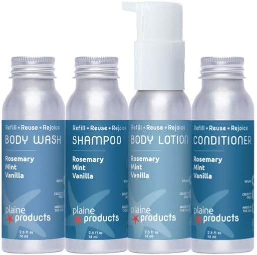 Travel Size Shampoo, Conditioner, Body Wash and Body Lotion - Rosemary, Mint, Vanilla - Sulfate Free, Refillable Bottle, 2.5 oz by PlaineProducts