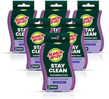 Scotch-Brite Stay Clean Scrubber Pads, Non-Scratch Dish Sponges for Kitchen Cleaning, 12 Count, Rinses Clean, Odor-Resistant, Safe on Non-Stick Cookware, Pots, Pans, and Glassware by Unknown