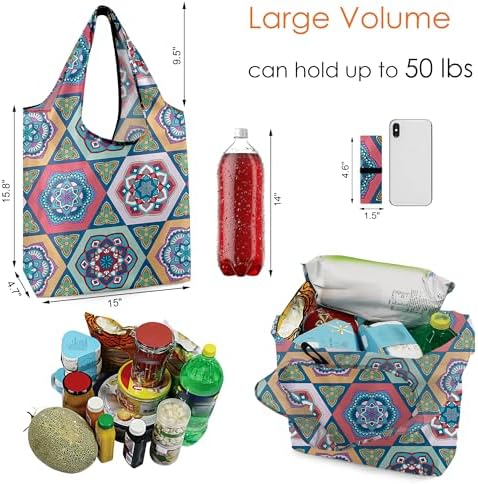BeeGreen Boho Gifts for Women Geometric Reusable Grocery Bags Mandala Shopping Bags Bulk 6 Pack 50LBS X-Large Foldable-Machine Washable-Heavy Duty Mandana Yoga Gifts - Image 3