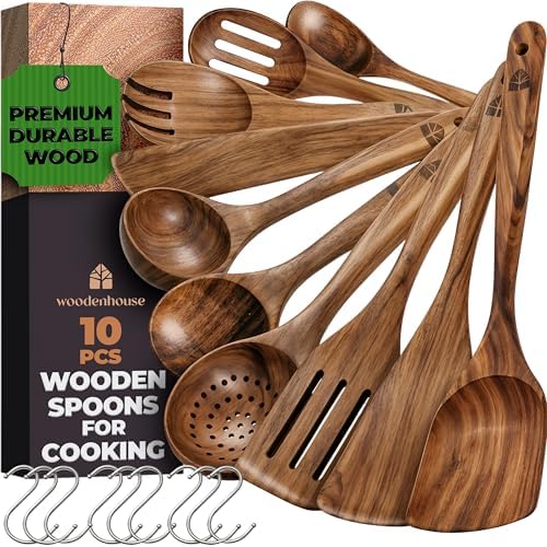 Wooden Spoons for Cooking 10 Pcs, Teak Utensil Set with Hanging Hooks by Woodenhouse