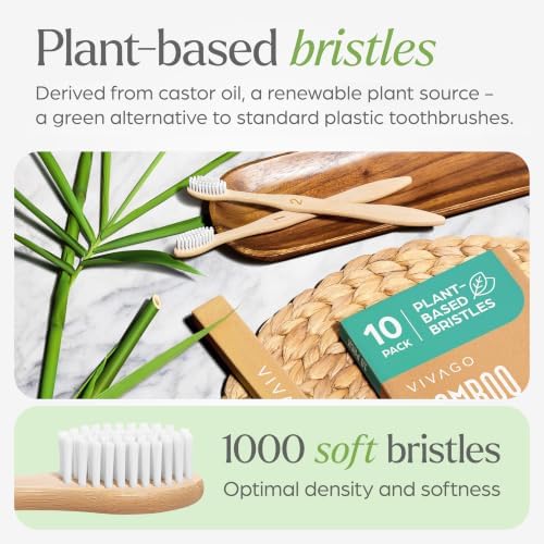 VIVAGO Bamboo Toothbrushes 10 Pack – Plant-Based Soft Bristles - Image 2