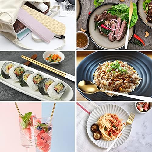 AARAINBOW 6 Pieces 18/8 Stainless Steel Flatware Set Portable Reusable Cutlery Set Travel Utensils Set Including Chopsticks Knife Fork Spoon Straws Cleaning Brush Dishwasher Safe (White golden) - Image 3