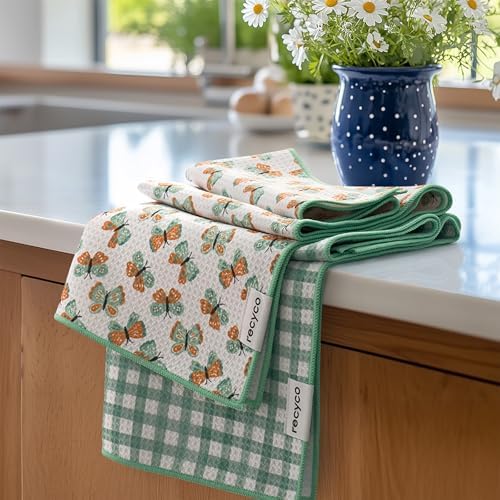 RECYCO Waffle Kitchen Towel Set of 2 - Quick Dry Microfiber Sustainable Dish Towels - Ultra Absorbent Reusable Cleaning Tea Towels - Lightweight Hand Towels,16”x 28”, Butterfly Gingham by RECYCOHOMECOLLECTION