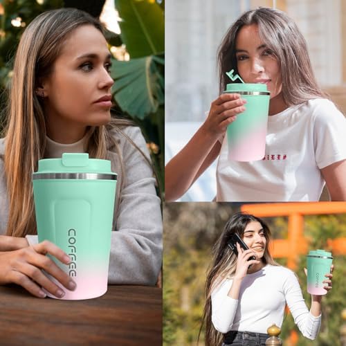 SPLMIFA Travel Coffee Mug Leak-Proof, Reusable Coffee Cups with Lids, Stainless Steel Vacuum Insulated Coffee Tumblers, Thermal Insulation Cup for Men and Women Hot & Cold Drinks(2nd-Green Pink, 12OZ) - Image 6