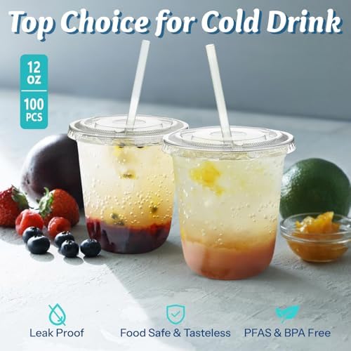 Homestockplus 100 Pack 12 oz BPA-Free Clear Plastic Cups with Lids and Straws - Leak-Proof Disposable Straw Cups, Iced Coffee Cups for Kids Drinks, Smoothies & To-Go Cold Beverages - Image 3