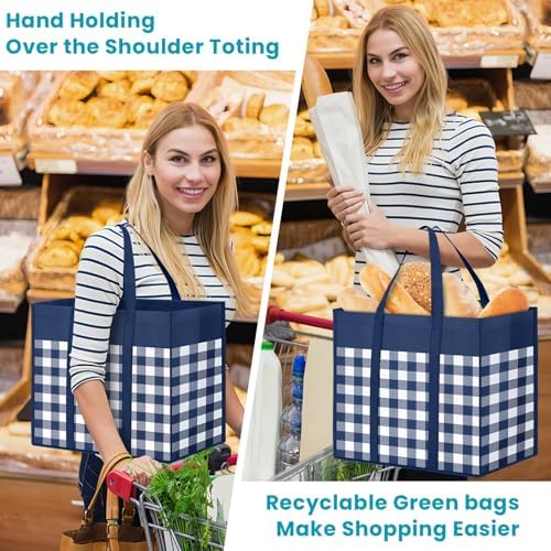 WOWBOX Reusable Grocery Bags,10-Pack, Foldable Reusable Shopping Tote Bags bulk with Reinforced Handles,Large Storage Bags with Water Resistant Coating for Groceries,Multipurpose,Blue-White - Image 2