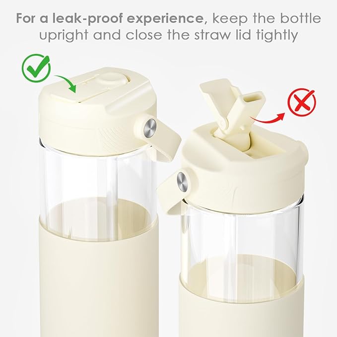 Glass Water Bottle with Silicone Sleeve and Straw Lid 20oz for Girls Women, Glass Drinking Bottles for Travel Home Gym Sports (Ivory Cream)