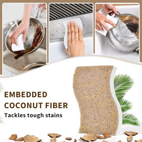 15 Pack Biodegradable Natural Kitchen Sponge - Compostable Cellulose and Coconut Walnut Scrubber Sponge - Eco Friendly Non Toxic Sustainable Sponges for Kitchen Dishes, Non Scratch Cleaning Sponge - Image 3