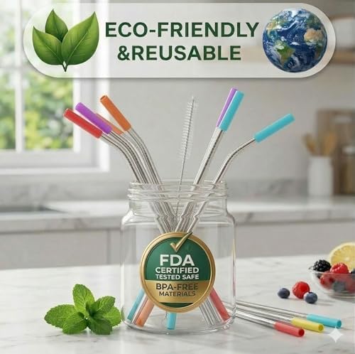 StrawExpert Set of 16 Reusable Stainless Steel Straws with Travel Case Cleaning Brush Silicone Tips Eco Friendly Extra Long Metal Straws Drinking for 20 24 30 oz Tumbler, Silver - Image 7
