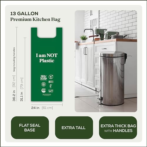 Extra Large Compostable Trash Bags - 13 Gallon, 60 Pack | Plastic-Free & Decomposing Tall Kitchen Garbage Bags & Liners with Easy-Tie Handles | Thick Bin Bags for Green & Food Waste - Image 2