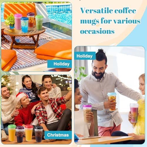 Honeydak 45 Pack 16 oz Reusable Coffee Cups with Lids Water Bottle Iced Coffee Travel Mug Portable Plastic Tea Tumblers Bulk for Hot and Cold Drinks Birthdays Party (Clear with Colors Lid,Classic) - Image 6