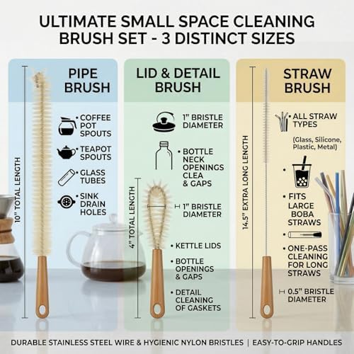 ALINK Extra Large Long Bottle Brush Set - 16" / 15" Long Bamboo Handle Bottle Cleaner for Narrow Neck Beer Wine Bottles, Decanter, Tumblers, Thermos, Jugs with Straw Brush, Kettle Spout/Lid Brush - Image 6