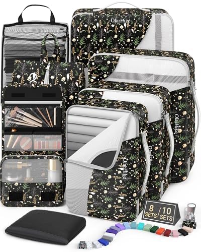 OlarHike Packing Cubes for Travel,Gifts for Women Mom,Anti-Tearing Suitcase Organizer for Luggage with Shoe & Hanging Toiletry Bag,Vacation Essentials & Accessories for Cruise Ship,8 Set,Black Flower by OlarHike