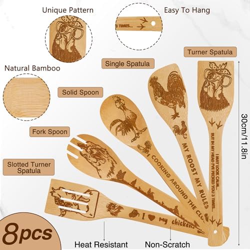 8 PCS Chicken Bamboo Cooking Spoon with Apron and Oven Mitts,Rooster Kitchen Utensil Decor Gifts for Women Chicken Lovers,Roosters Themed Decorations for Home,Housewarming,Birthday,Mother's Day,Easter - Image 4