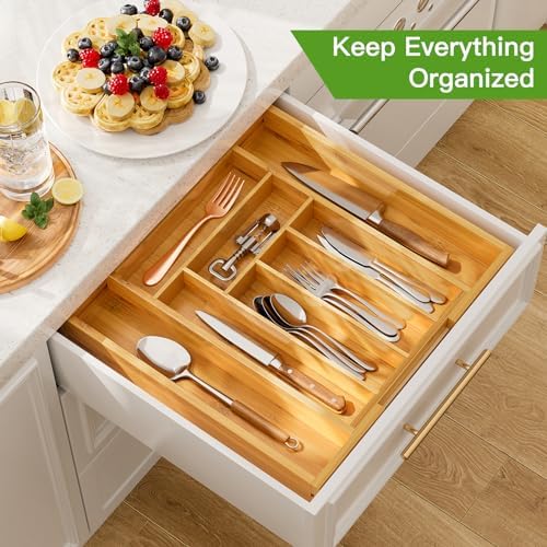 Pipishell Bamboo Expandable Drawer Organizer for Utensils Holder, Adjustable Cutlery Tray, Wood Drawer Dividers Organizer for Silverware, Flatware, Knives in Kitchen, Bedroom, Living Room(M-N) - Image 3