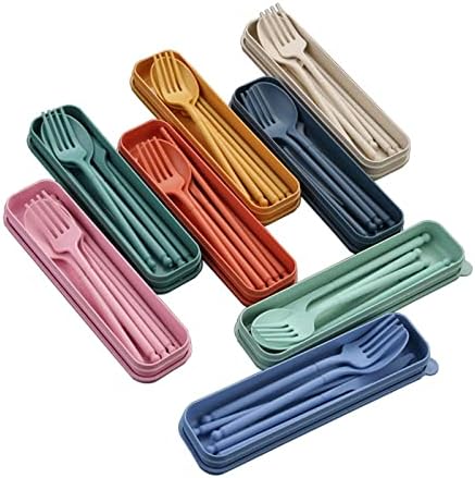 8 Colors Portable Utensils Sets with Case, Wheat Straw Cutlery Set, Reusable Travel Flatware Set, Spoon Fork Knife chopsticks Tableware Set for Outdoor Office Travel Picnic Camping by MITRIE
