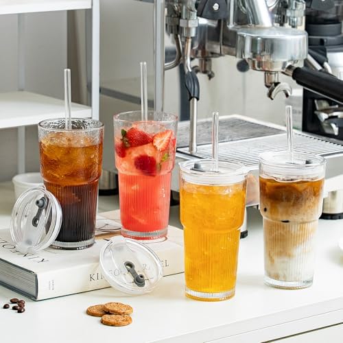 SoulTimes 20oz Wave Ribbed & Wavy Glass Tumbler with Lid and Straw – Iced Coffee Glasses Cups for Smoothie, Matcha, Juice, Water etc. Leakproof and Reusable Glassware Drinking for Travel To Go [4 Pcs] - Image 2