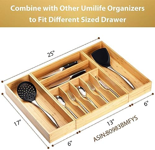 Umilife Bamboo Kitchen Utensils Organizer, Extra Long High Silverware Drawer Holder, Flatware Cutlery Storage Box, Multi-Use Drawer Divider in Office, Bathroom, Pantry - 17"x6"x2.5" (Set of 2) - Image 5