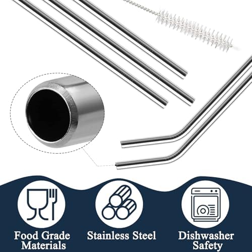 12 Pack of Reusable Stainless Steel Metal Straws, 3 Straight + 3 Bent 10.5 Inch and 3 Straight + 3 Bent 8.5 Inch Metal Straws with 2 Cleaning Brushes for 20 24 30 oz Tumbler Dishwasher Safef - Image 3