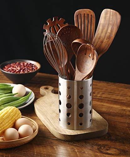Wooden Kitchen Utensils Set with Holder, NAYAHOSE 9 Pcs Teak Wood Spoons for Cooking Spatula Set with Stainless Steel Storage Barrel - Image 3