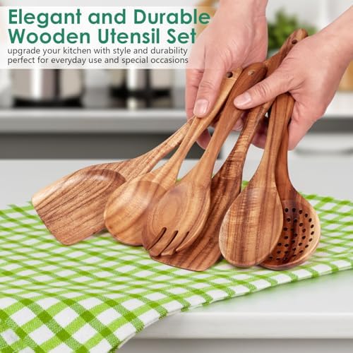 HOWHONG Teak Wooden Cooking Utensils Set - 6 Piece Wood Spoons for Cooking - Image 2