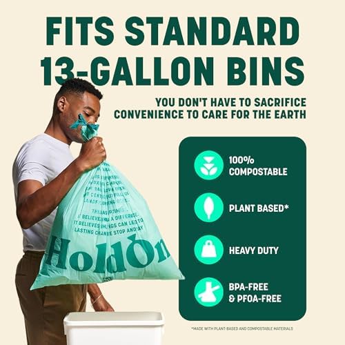 HoldOn Compostable Tall Kitchen Drawstring Bags - 13 Gallon, 40 Count - Image 2