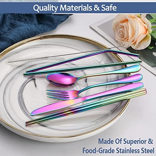 Portable Reusable Travel Utensils Silverware With Case, Camping Cutlery Set, Chopsticks and Straw, Flatware With Case, Stainless Steel Rainbow Top - Image 6