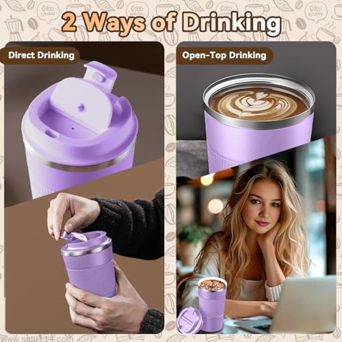 12OZ Travel Coffee Mug Insulated Coffee Cup with Spill Leak Proof Lid, Portable Stainless Steel Tumbler Reusable Hot and Cold Water Mug for Car, Daily, Camping- Purple - Image 6