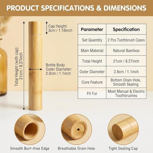UPSTORE 2Pcs Natural Bamboo Toothbrush Travel Case Tubes Empty Portable Reusable Toothbrush Storage Container Holder - Image 2