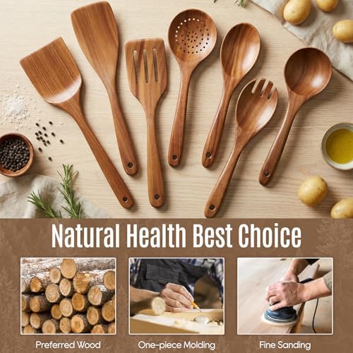 Wooden Cooking Utensils Set with Holder, 8 Pcs Teak Wood Kitchen Utensils - Image 2