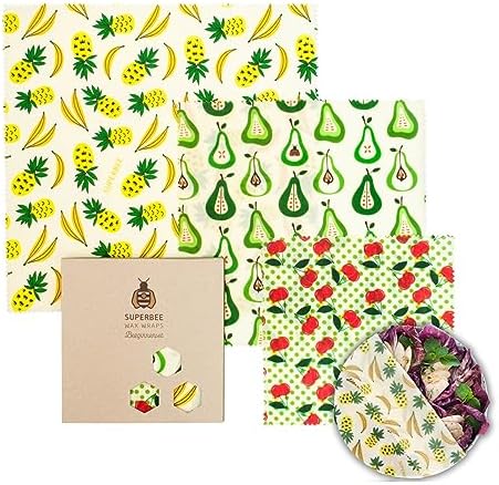 SUPERBEE Beeswax Wrap for Food, Set of 3 Bees Wax Wraps, Reusable Bees Paper for Wrapping Vegetables, Cheese, Bowl Covers and Sandwich Wrapping Paper, Beeswax Food Wraps (Fruit Punch) by SuperBee