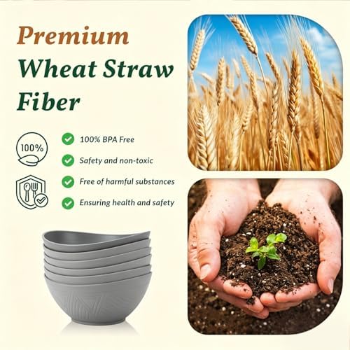 Homienly Wheat Straw Bowls, Large Salad Bowls Set of 6-60 OZ Serving Bowl for Kitchen, Camping, Party - Unbreakablke Microwave and Dishwasher Safe Big Cereal Bowl, Large Soup Bowl - Grey - Image 3